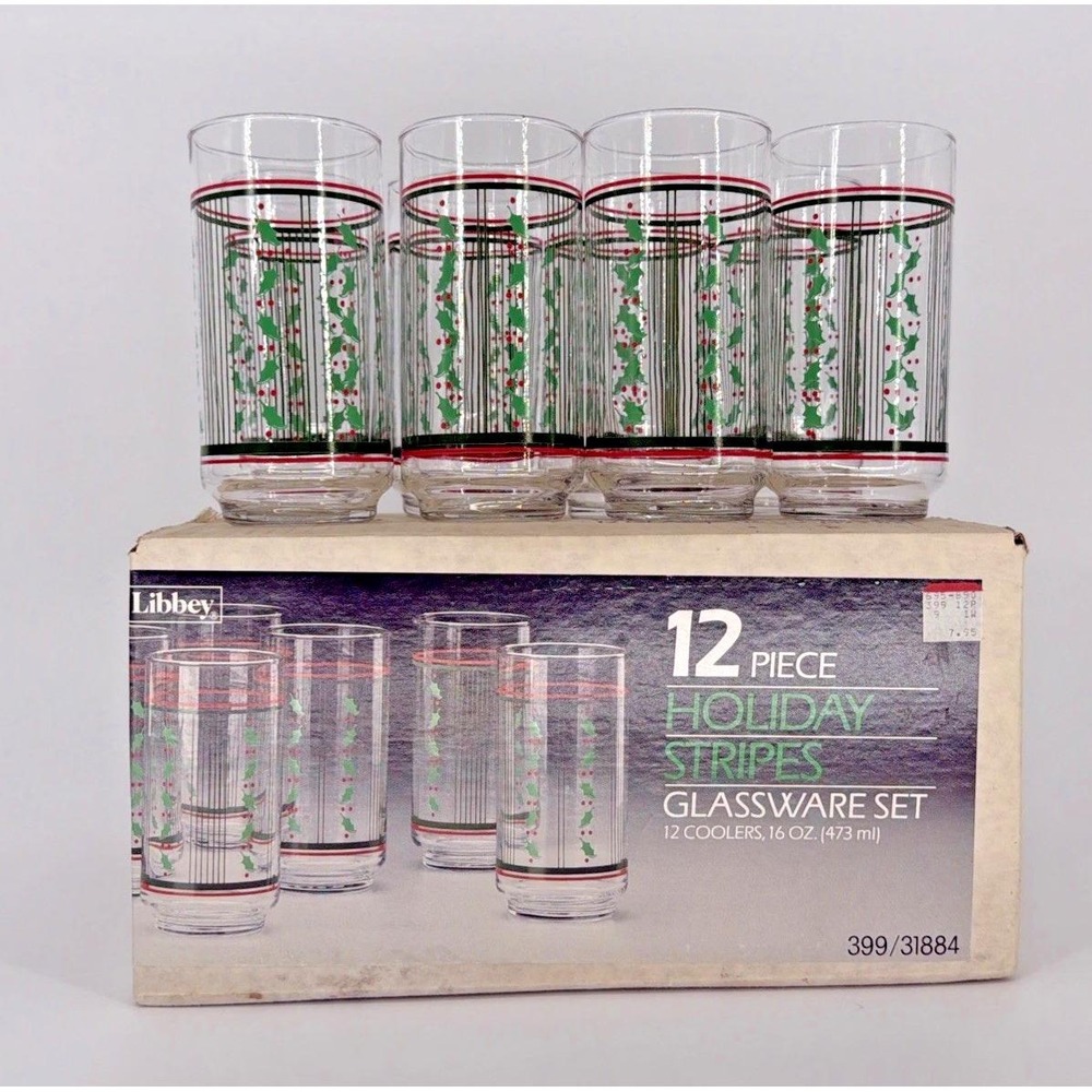 Set of 8 Vintage Libbey Holiday Christmas Glasses Holiday Stripes W/ Box
